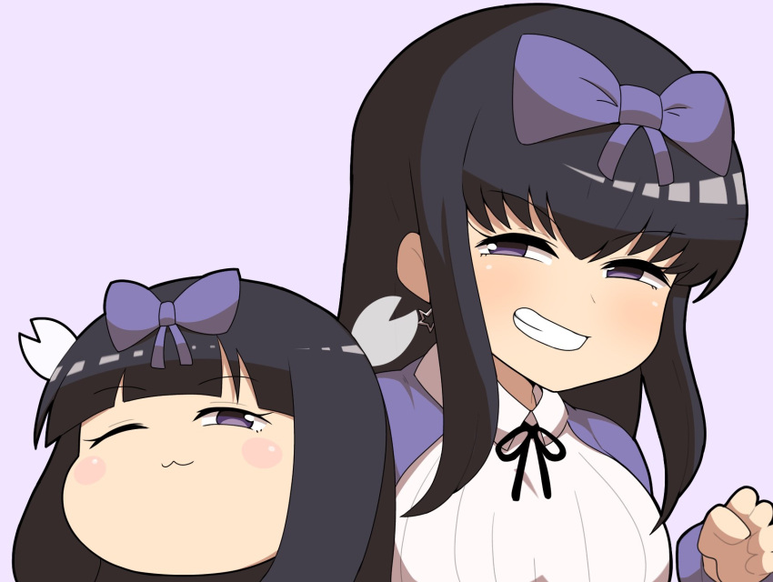 1girl :3 bangs black_hair black_ribbon blush bow breasts collared_shirt commentary_request cookie_(touhou) earrings fairy_wings grin hair_bow highres jacket jewelry large_breasts long_hair looking_at_viewer madore neck_ribbon pink_background purple_bow purple_jacket ribbon shirt shunga_youkyu simple_background smile smug star_(symbol) star_earrings star_sapphire touhou upper_body violet_eyes white_shirt wings yukkuri_shiteitte_ne