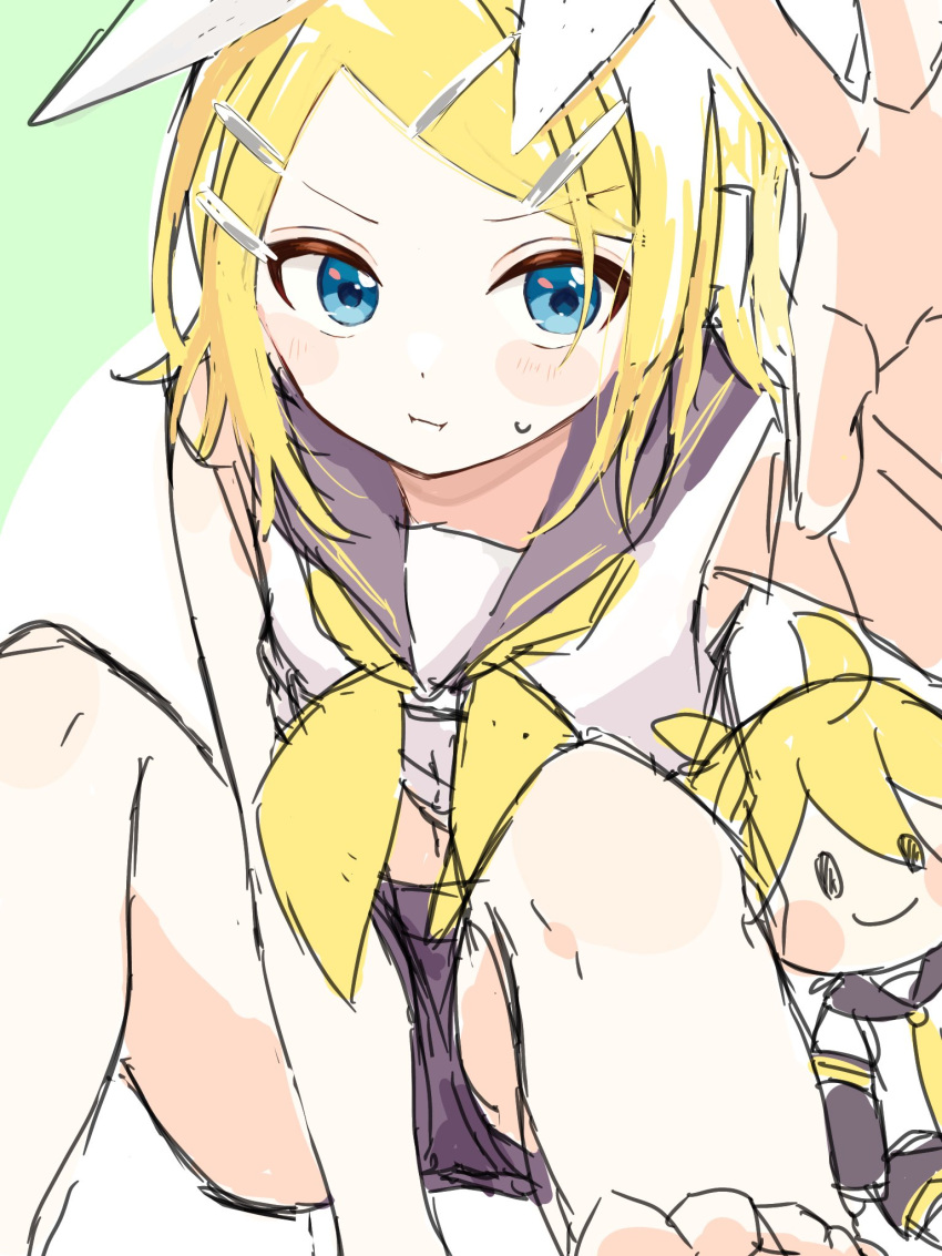 1girl :i ascot bare_arms bare_legs bare_shoulders barefoot between_legs black_shorts blonde_hair blue_eyes blush_stickers bow grey_sailor_collar hair_bow hair_ornament hairclip hand_between_legs headphones headset highres kagamine_len kagamine_rin neckerchief outstretched_arm pout reaching_out sailor_collar sailor_shirt shirt shorts sketch sleeveless sleeveless_shirt solo stuffed_toy toes tono_kabeuchi v-shaped_eyebrows vocaloid white_bow yellow_ascot yellow_neckerchief