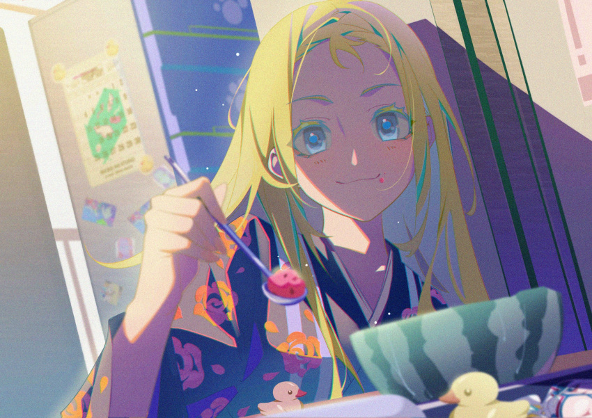 1girl alternate_costume blonde_hair blue_eyes chinese_commentary closed_mouth commentary day film_grain floral_print food fruit highres holding holding_spoon jieyangzia85627 kofune_ushio long_hair looking_at_viewer rubber_duck smile solo spoon summertime_render watermelon