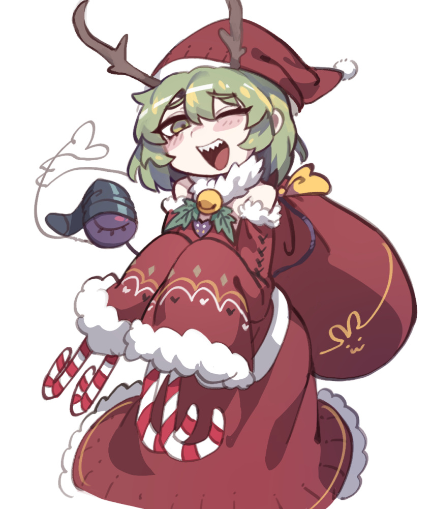 1girl ;d alternate_costume antlers bangs bare_shoulders bell candy candy_cane christmas detached_sleeves dress food fur-trimmed_dress fur-trimmed_sleeves fur_collar fur_trim furrowed_brow green_eyes green_hair hair_between_eyes hat heart heart_of_string highres jingle_bell komeiji_koishi leaf nyong_nyong one_eye_closed red_dress red_headwear red_sleeves santa_hat sharp_teeth short_hair simple_background sleeves_past_fingers sleeves_past_wrists smile solo teeth third_eye touhou white_background wide_sleeves