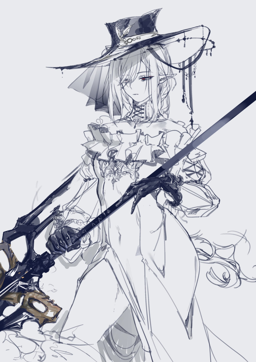 1girl a9712mob alternate_costume arknights bangs bare_shoulders black_gloves cropped_legs dress frilled_dress frills gladiia_(arknights) gloves hair_over_one_eye hat highres holding holding_polearm holding_weapon long_sleeves off-shoulder_dress off_shoulder one_eye_covered pointy_ears polearm red_eyes simple_background solo weapon white_background