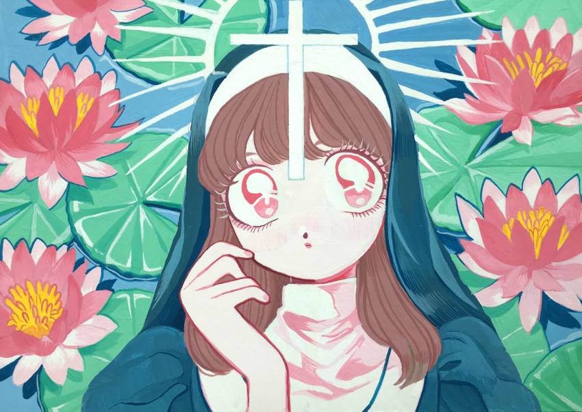1girl acrylic_paint_(medium) amamams brown_hair catholic cross eyelashes flower habit hand_up high_collar latin_cross lily_pad long_hair looking_to_the_side nun original painting_(medium) pink_hair pink_nails portrait puffy_sleeves solo traditional_media water_lily_flower
