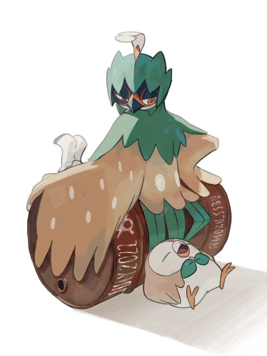 barrel brown_eyes closed_eyes commentary_request decidueye highres looking_back lying mokuzou_(moku_ssbu) no_humans on_back open_mouth pokemon pokemon_(creature) rowlet sleeping tongue white_background