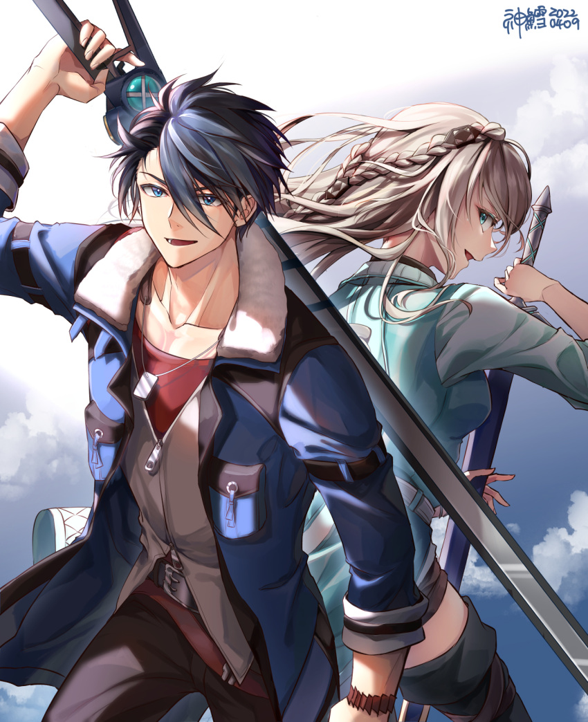 1boy 1girl back_turned belt black_thighhighs blue_coat blue_eyes blue_hair braid brown_pants card coat cup dog_tags eiyuu_densetsu elaine_auclair green_coat green_eyes highres holding holding_sword holding_weapon kuro_no_kiseki long_hair pants pouch red_shirt sheath sheathed shirt short_hair shorts sword tarot thigh-highs van_arkride vest weapon white_vest willfin zipper