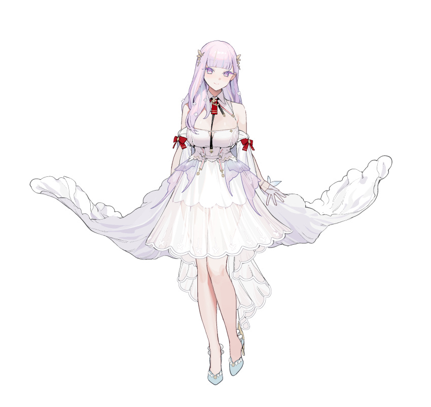 1girl absurdres aqua_footwear azur_lane bangs breasts closed_mouth detached_collar dress flower full_body gloves hair_flower hair_ornament half_gloves high_heels highres large_breasts long_hair ohisashiburi plymouth_(azur_lane) purple_hair red_ribbon ribbon see-through see-through_dress smile solo standing tachi-e violet_eyes white_background white_dress white_footwear