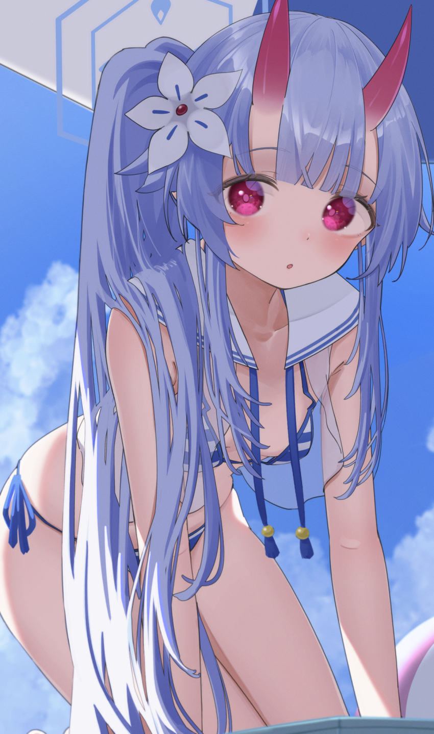 1girl alternate_costume alternate_hairstyle bikini blue_archive blue_sky breasts chise_(blue_archive) chise_(swimsuit)_(blue_archive) eyes_visible_through_hair flower hair_between_eyes hair_flower hair_ornament halo highres horns long_hair looking_at_viewer multicolored_clothes multicolored_swimsuit namaonpa oni_horns red_eyes red_horns side_ponytail simple_background sitting sky small_breasts solo string_bikini swimsuit