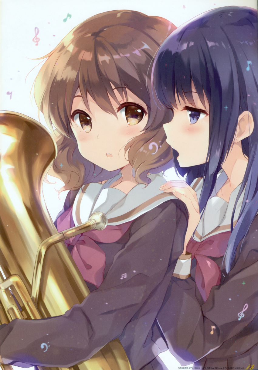 2girls :o absurdres bangs bass_clef blush brown_eyes brown_hair brown_shirt euphonium hand_on_another's_shoulder hand_up hibike!_euphonium highres holding holding_instrument instrument kitauji_high_school_uniform kousaka_reina long_hair long_sleeves looking_at_another looking_back multiple_girls neckerchief oumae_kumiko parted_lips purple_hair red_neckerchief sailor_collar sakura_koharu school_uniform serafuku shirt short_hair treble_clef violet_eyes white_background white_sailor_collar