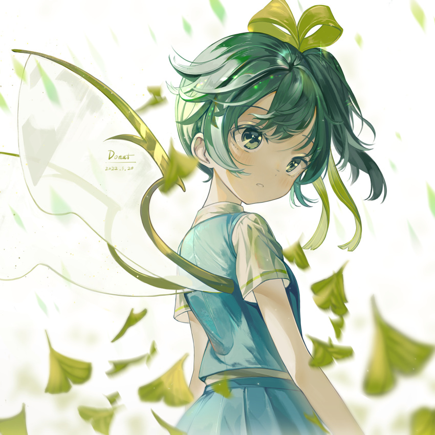 1girl aqua_skirt aqua_vest bangs blush commentary_request daiyousei dated fairy_wings from_behind green_eyes green_hair hair_ribbon highres leaf looking_back medium_hair one_side_up otomo_no_sachi parted_lips ribbon shirt short_sleeves signature skirt solo touhou upper_body white_shirt wings yellow_ribbon