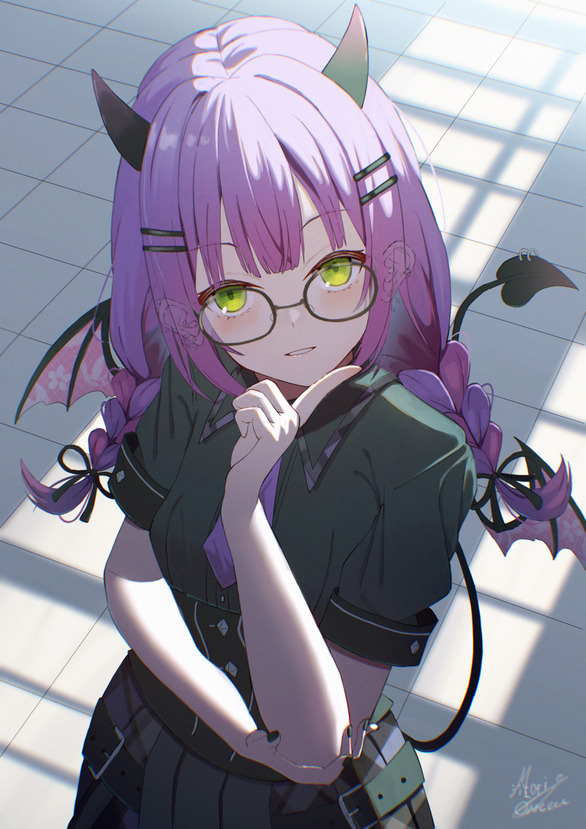 1girl absurdres bangs belt black_shirt blush braid corset demon_tail demon_wings ear_piercing glasses green_eyes hair_ornament hairclip highres hololive horns long_hair looking_at_viewer maria_onnette multicolored_hair necktie piercing pink_hair purple_hair purple_necktie shirt skirt smile solo streaked_hair tail tokoyami_towa twin_braids twintails virtual_youtuber wings