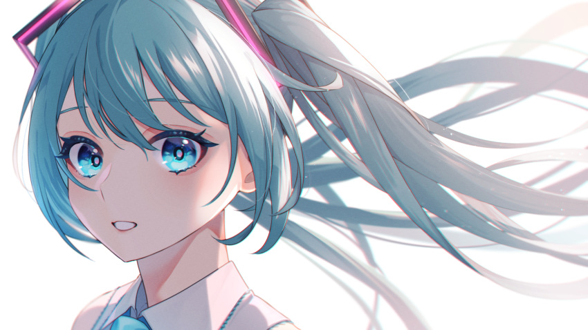 1girl bangs blue_eyes blue_hair collared_shirt commentary commentary_request floating_hair hair_between_eyes hatsune_miku long_hair looking_at_viewer neon_trim peta_(snc7) portrait shirt simple_background sleeveless sleeveless_shirt smile solo twintails vocaloid white_background white_shirt