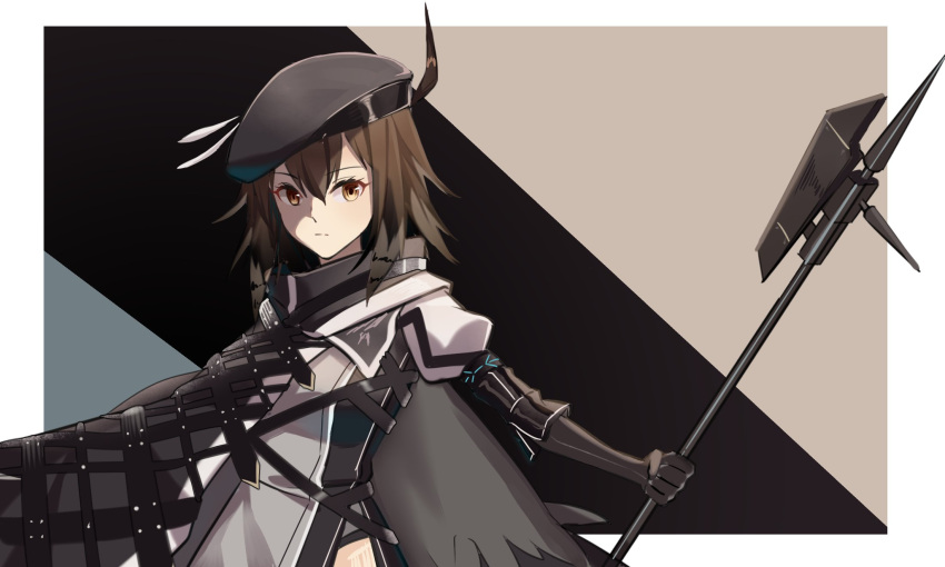 1girl ahoge arknights armband beret black_background black_gloves blue_background border brown_eyes brown_hair cape gloves grey_background grey_cape grey_shirt hair_between_eyes halberd hat highres holding holding_polearm holding_weapon infection_monitor_(arknights) looking_at_viewer minuo multicolored_background one-hour_drawing_challenge outside_border plume_(arknights) polearm shirt short_hair simple_background solo upper_body weapon white_border
