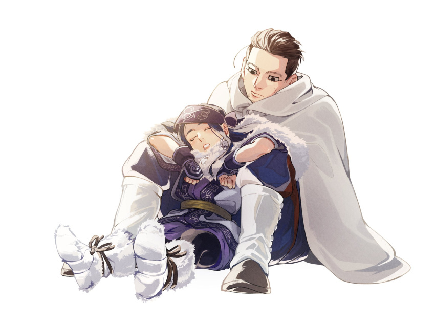 1boy 1girl ainu ainu_clothes asirpa black_eyes black_hair blue_pants brown_footwear cape closed_eyes earrings facial_hair fingerless_gloves gaiters gloves golden_kamuy hair_slicked_back hair_strand highres hood hooded_cape hoop_earrings jewelry long_hair military military_uniform ogata_hyakunosuke pants saliva scar scar_on_cheek scar_on_face short_hair sitting sleeping sleeping_on_person stubble tama_azusa_hatsu undercut uniform white_background white_cape white_footwear