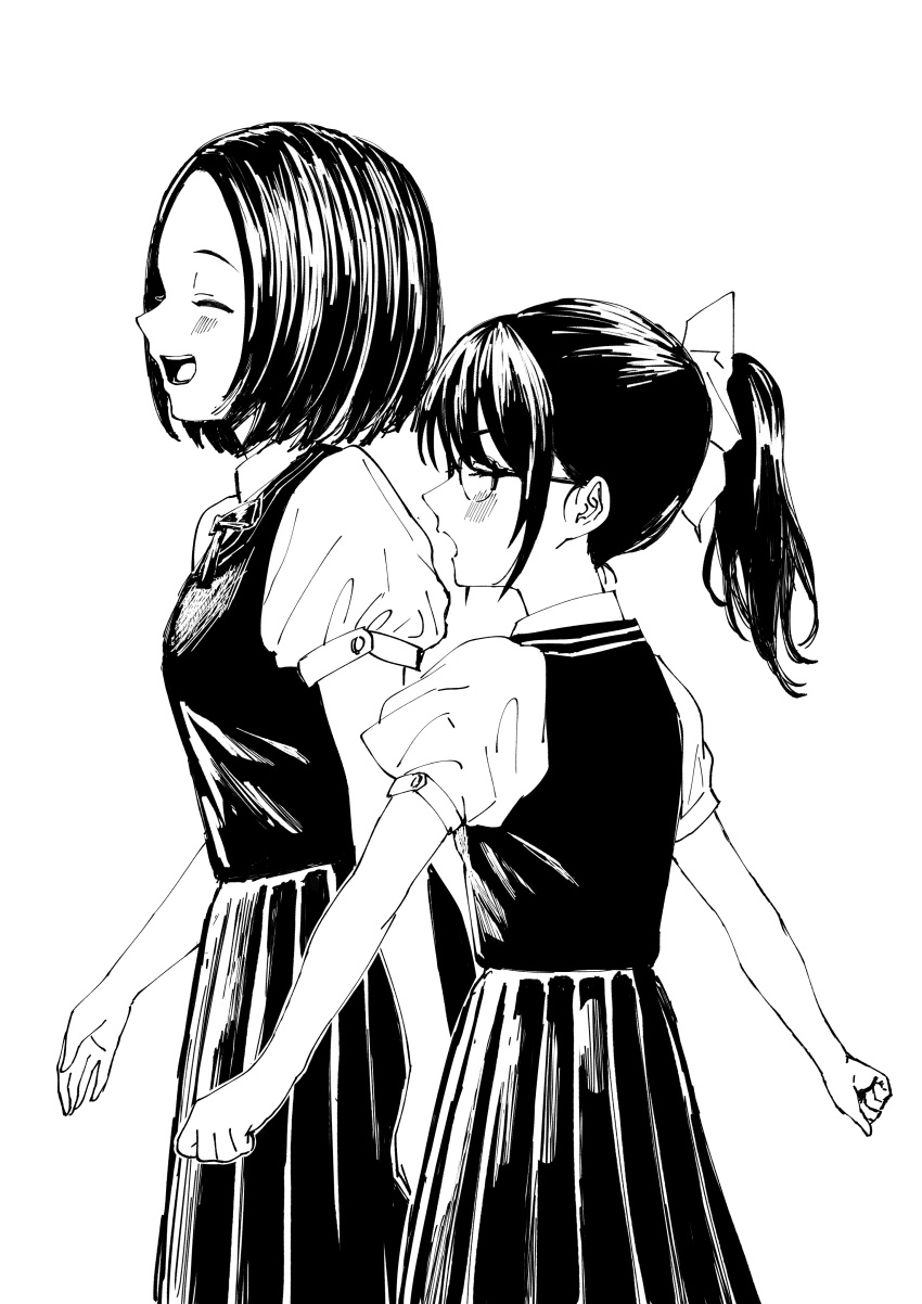 2girls absurdres akebi-chan_no_serafuku blush bow clenched_hands closed_eyes glasses greyscale half-closed_eyes hatching_(texture) highres long_hair long_skirt monochrome multiple_girls open_mouth ponytail puffy_sleeves school_uniform short_hair simple_background skirt smile tongue uniform usagihara_touko walking white_background xakn4874