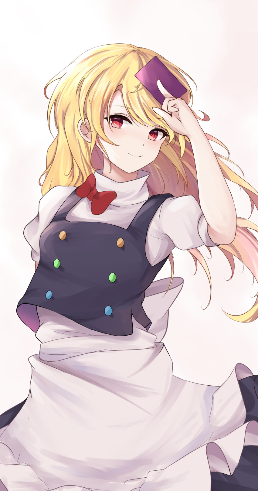 100th_black_market 1girl absurdres apron arm_up back_bow bangs black_skirt black_vest blonde_hair blush bow breasts buttons card card_(medium) closed_mouth commentary_request frills grey_apron grey_bow grey_shirt hair_between_eyes hand_up highres holding holding_card kirisame_marisa long_hair looking_to_the_side medium_breasts no_hat no_headwear orchid_(orukido) pink_background puffy_short_sleeves puffy_sleeves red_bow red_eyes shirt short_sleeves simple_background skirt smile solo standing touhou vest
