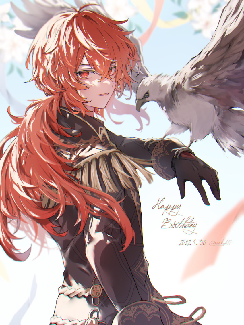 1boy animal_on_arm arm_up artist_name bangs bird bird_on_arm black_coat black_gloves coat confetti crossed_bangs dated diluc_(genshin_impact) flower genshin_impact gloves gold_trim hair_between_eyes happy_birthday hawk highres long_hair long_sleeves looking_at_viewer looking_back male_focus non_koto27 open_mouth parted_lips ponytail red_eyes redhead sidelocks signature smile solo streamers tassel twitter_username upper_body white_flower