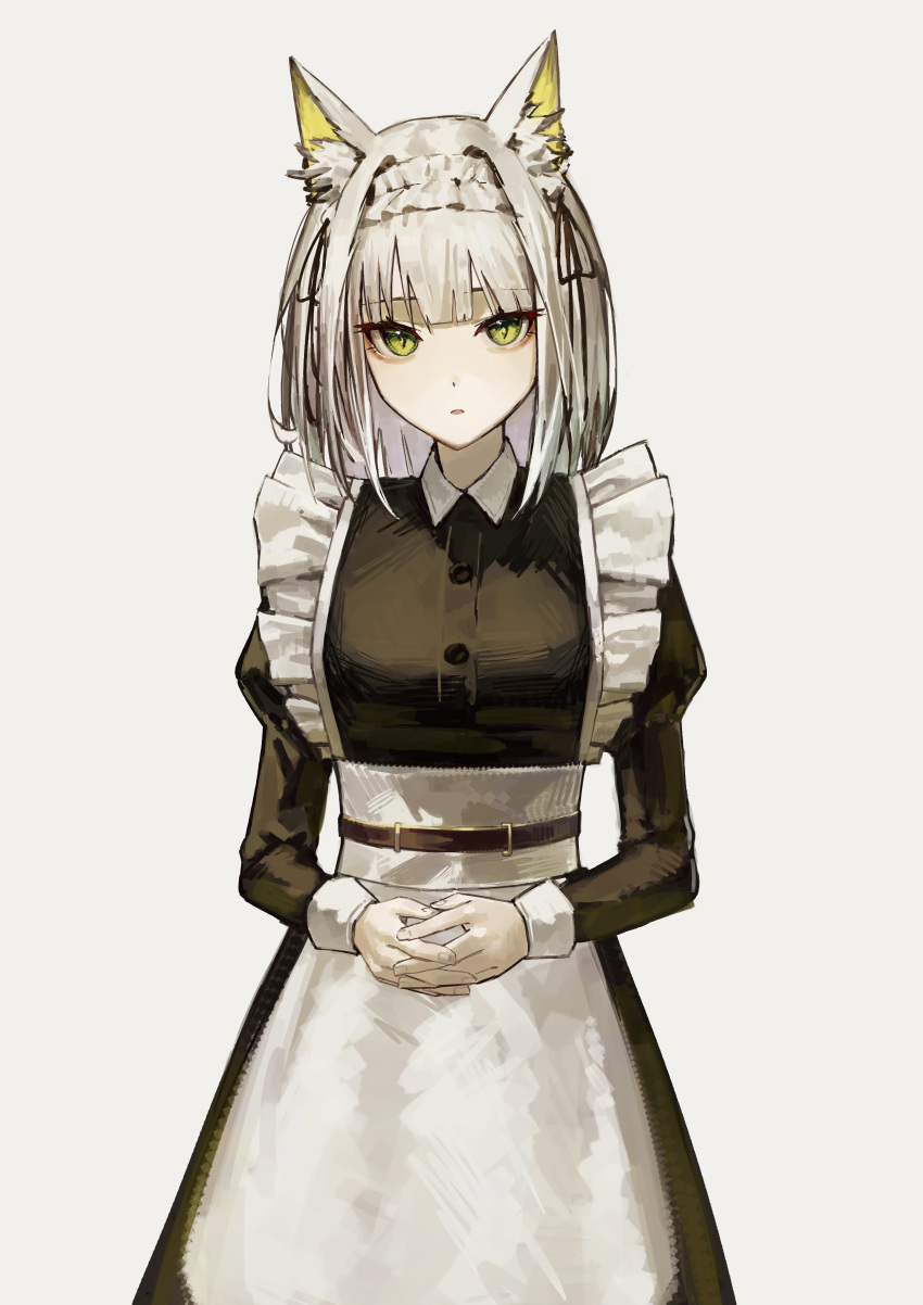1girl absurdres animal_ears apron arknights black_dress black_ribbon breasts cat_ears cat_girl commentary cowboy_shot dress green_eyes grey_background grey_hair hair_ribbon highres kal'tsit_(arknights) long_sleeves looking_at_viewer maid maid_apron maid_headdress official_alternate_costume parted_lips ribbon short_hair simple_background small_breasts solo white_apron white_wrist_cuffs yoon_cook