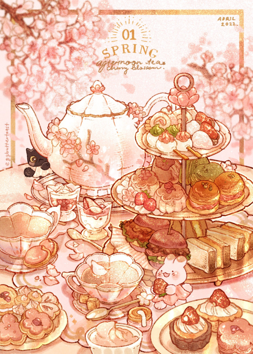 animal black_cat burger cake cat cherry_blossoms clothed_animal commentary cookie cream cup dango english_commentary english_text feet food food_focus fruit highres holding holding_food holding_fruit ichigo_daifuku jar macaron meringue mousse_(food) nao_(bestrollever) no_humans original petals petals_on_liquid pickled_cherry_blossom pink_theme plate rabbit ramekin sandwich saucer scone spring_(season) strawberry sugar_cube swiss_roll tart_(food) tea teacup teapot teaspoon themed_object tiered_tray wagashi