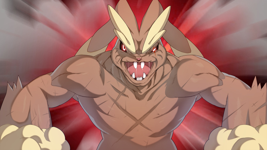 1boy animal_ears biceps black_sclera body_fur brown_fur collarbone colored_sclera commentary drunkoak english_commentary fangs furry furry_male happy highres looking_at_viewer lopunny male_focus muscular muscular_male open_mouth pokemon pokemon_(creature) rabbit_boy rabbit_ears red_background red_eyes saliva scar scar_across_eye scar_on_arm scar_on_chest scar_on_face sharp_teeth smile solo straight-on teeth tongue two-tone_fur upper_body yellow_fur