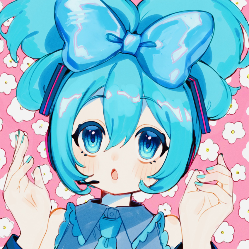 1girl :o aqua_eyes aqua_hair aqua_nails bare_shoulders blue_nails bow daisy e_sdss floral_background flower hands_up hatsune_miku highres nail_polish pink_background portrait shirt solo vocaloid white_flower