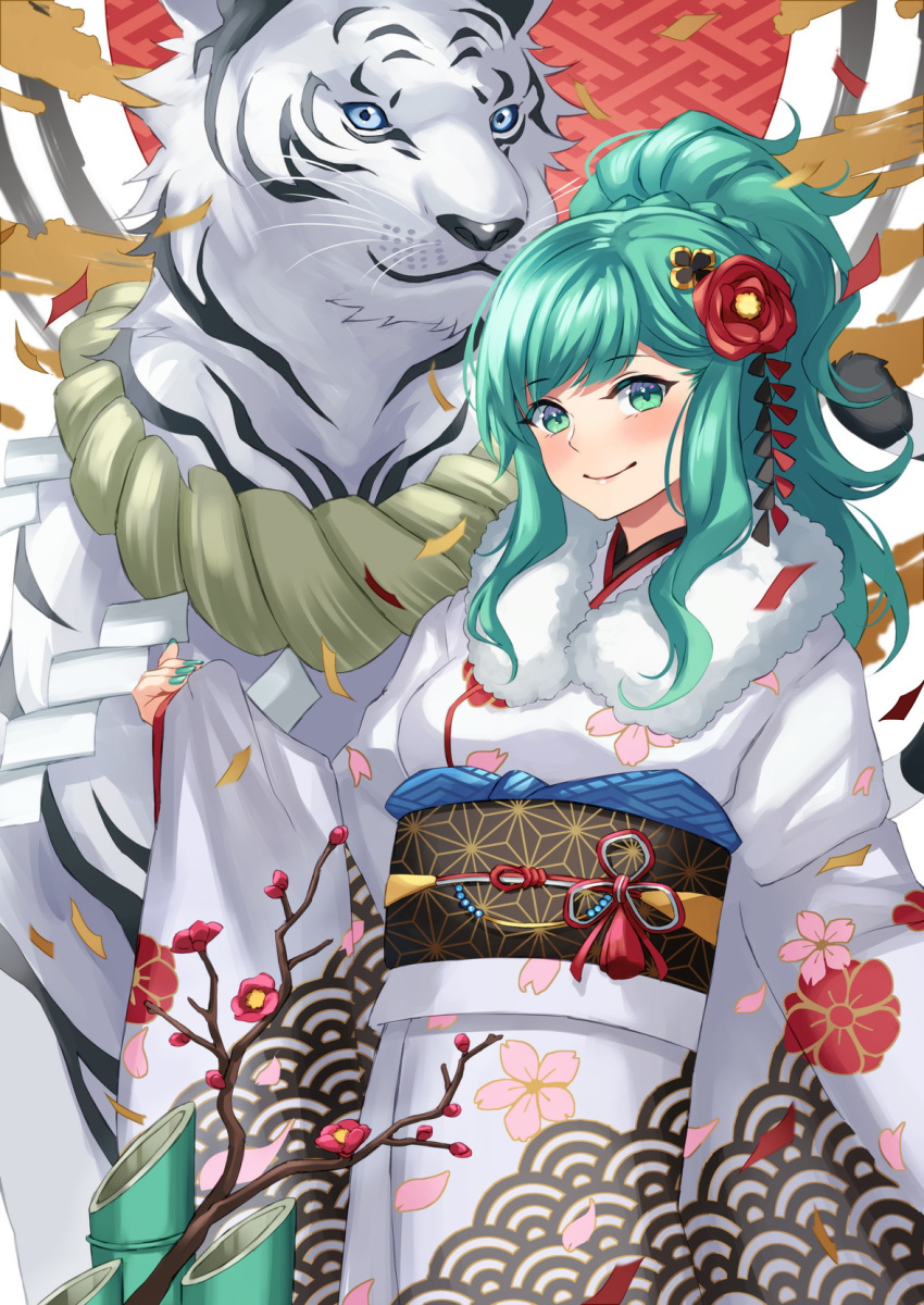 1girl animal bamboo blue_eyes blush braid branch chinese_zodiac closed_mouth confetti fingernails floral_print flower fur_trim furisode green_eyes green_hair green_nails hair_flower hair_ornament happy_new_year hatsune_miku highres inue_ao japanese_clothes kimono long_fingernails looking_at_viewer petals ponytail red_flower sleeves_past_wrists smile tiger vocaloid white_kimono white_tiger year_of_the_tiger