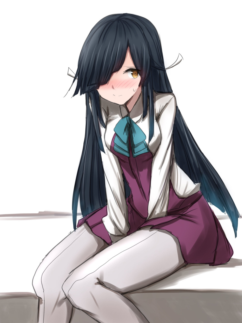 1girl absurdres black_hair blush bow bowtie brown_eyes commentary_request dress grey_pantyhose hair_over_one_eye hair_ribbon halterneck hayashimo_(kancolle) highres hime_cut kamaboko_senshi kantai_collection long_hair looking_at_viewer nose_blush pantyhose pleated_dress purple_dress ribbon school_uniform seamed_legwear shirt side-seamed_legwear simple_background sitting solo very_long_hair white_background white_shirt