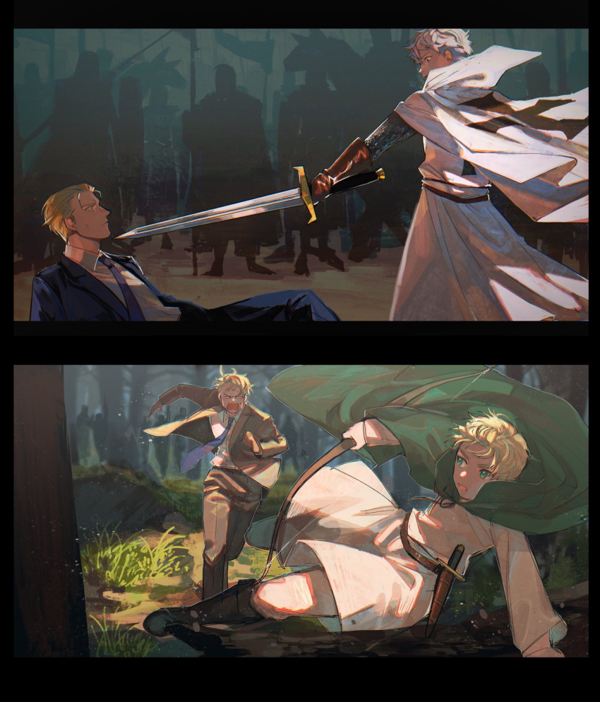 &gt;_&lt; 4boys america_(hetalia) army axis_powers_hetalia belt blue_suit blurry blurry_background bow brothers cape chasing child dagger forest formal germany_(hetalia) glasses green_cape green_eyes hair_slicked_back highres knife male_child mi_kan1609 multiple_boys nature open_mouth pointing_sword prussia_(hetalia) siblings split_screen suit sword teutonic_knight time_travel tunic united_kingdom_(hetalia) weapon weapon_case white_hair younger