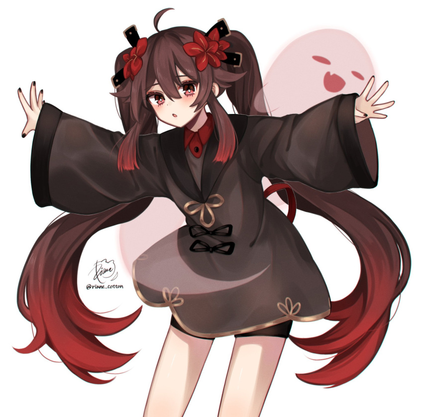 1girl :o ahoge artist_name bangs black_nails black_ribbon blush brown_coat brown_hair chinese_clothes coat eyelashes flower flower-shaped_pupils genshin_impact ghost gradient_hair hair_between_eyes hair_flower hair_ornament hair_ribbon highres hu_tao_(genshin_impact) long_hair long_sleeves looking_at_viewer multicolored_hair nail_polish no_hat no_headwear open_mouth outstretched_arms red_eyes red_flower red_shirt redhead riane_cotton ribbon shirt sidelocks signature solo standing symbol-shaped_pupils twintails very_long_hair white_shirt wide_sleeves