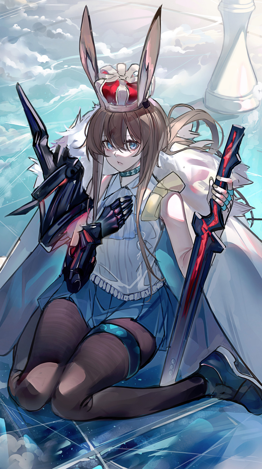 1girl absurdres amiya_(arknights) amiya_(guard)_(arknights) animal_ear_fluff animal_ears arknights ascot bangs bare_shoulders black_pantyhose blue_choker blue_eyes blue_footwear blue_skirt chess_piece choker closed_mouth coat coat_on_shoulders crown echj full_body fur-trimmed_coat fur_trim gauntlets hair_between_eyes hand_on_own_chest highres holding holding_sword holding_weapon jewelry long_hair looking_at_viewer miniskirt multiple_rings pantyhose pleated_skirt ponytail rabbit_ears ring shirt shoes sidelocks single_gauntlet sitting skirt sleeveless sleeveless_shirt solo sword thighlet very_long_hair wariza weapon white_ascot white_coat white_shirt