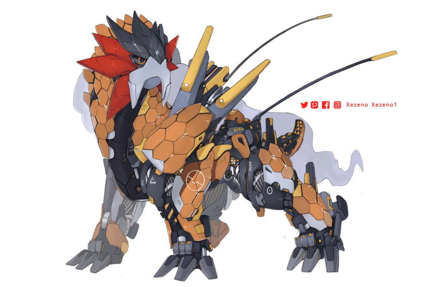 cable cable_tail entei highres looking_to_the_side mecha mechanical_tail mechanization no_humans orange_eyes pokemon robot shadow solo tail white_background xezeno