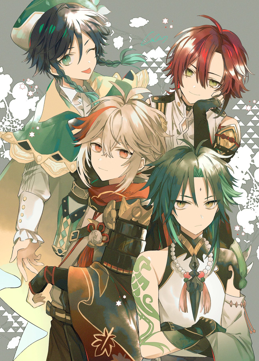 4boys arm_tattoo armor bead_necklace beads beret black_hair braid cape closed_mouth cocoa_miel crossed_arms fingerless_gloves genshin_impact gloves green_eyes green_hair green_headwear hat head_rest highres japanese_armor japanese_clothes jewelry kaedehara_kazuha leaf_print long_sleeves looking_at_viewer male_focus multicolored_hair multiple_boys necklace one_eye_closed ponytail red_eyes redhead shikanoin_heizou signature simple_background streaked_hair tattoo tongue tongue_out twin_braids upper_body venti_(genshin_impact) xiao_(genshin_impact) yellow_eyes