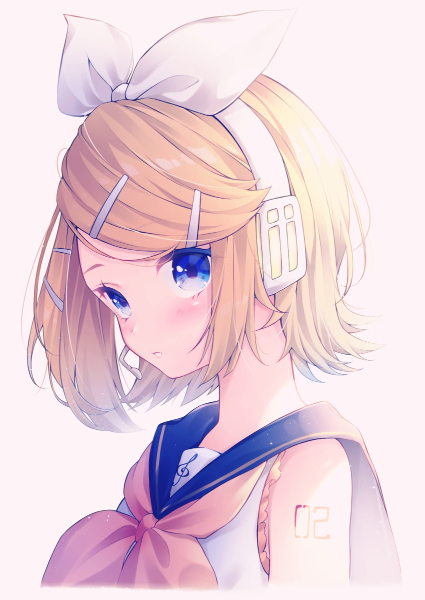 1girl arm_tattoo bangs bare_shoulders blonde_hair blue_eyes blush bow hair_bow hair_ornament hairclip headphones headset highres kagamine_rin looking_at_viewer neckerchief parted_lips sailor_collar short_hair solo spide_r_(mxpm3455) swept_bangs tattoo treble_clef upper_body vocaloid white_bow yellow_neckerchief