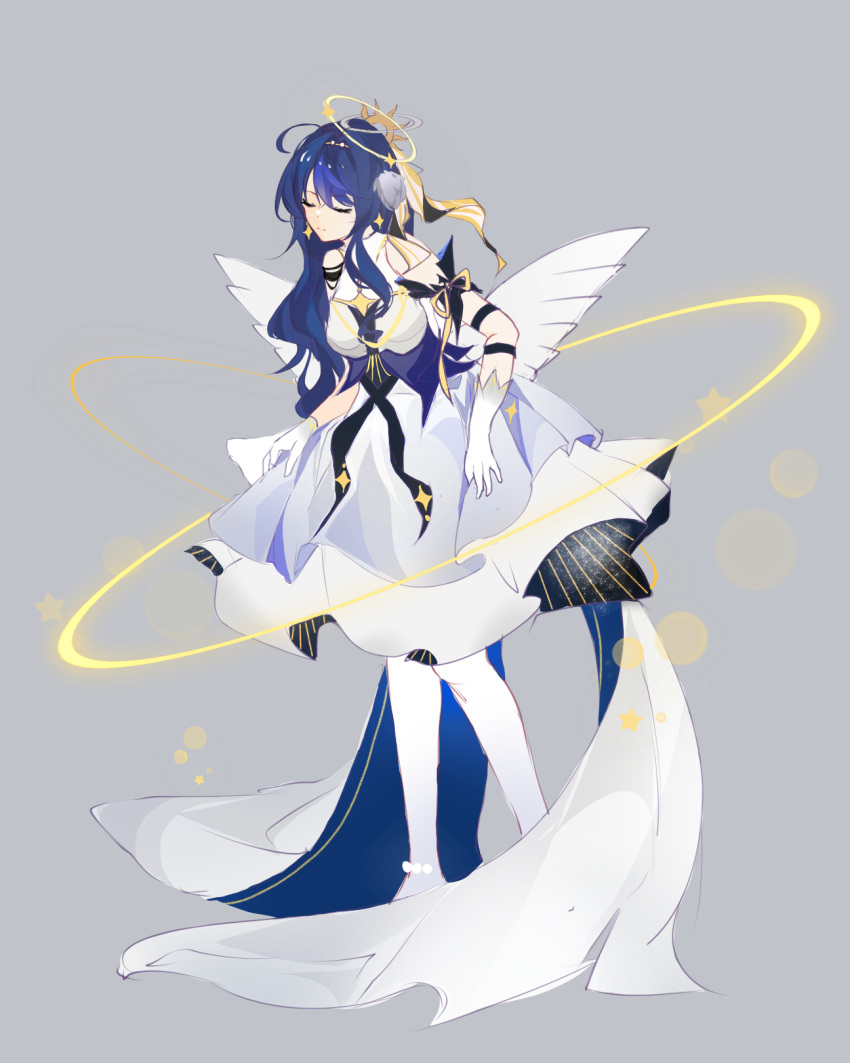 1girl arknights astesia_(arknights) blue_hair breasts closed_eyes dress full_body gloves grey_background hair_between_eyes hair_ornament halo highres long_hair pantyhose shen_jiu simple_background small_breasts solo sparkle standing very_long_hair white_dress white_gloves white_pantyhose