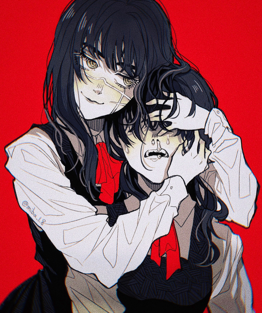 &gt;:) 2girls :3 bangs black_dress black_hair chainsaw_man collared_shirt commentary covered_eyes dress dual_persona facing_viewer hands_on_another's_face heads_together highres limited_palette long_sleeves looking_at_another low_twintails medium_hair miba mitaka_asa multiple_girls neck_ribbon open_mouth pinafore_dress red_background ribbon ringed_eyes scar scar_on_cheek scar_on_face school_uniform shirt simple_background snot tears twintails twitter_username upper_body v-shaped_eyebrows war_devil_(chainsaw_man) white_shirt yellow_eyes