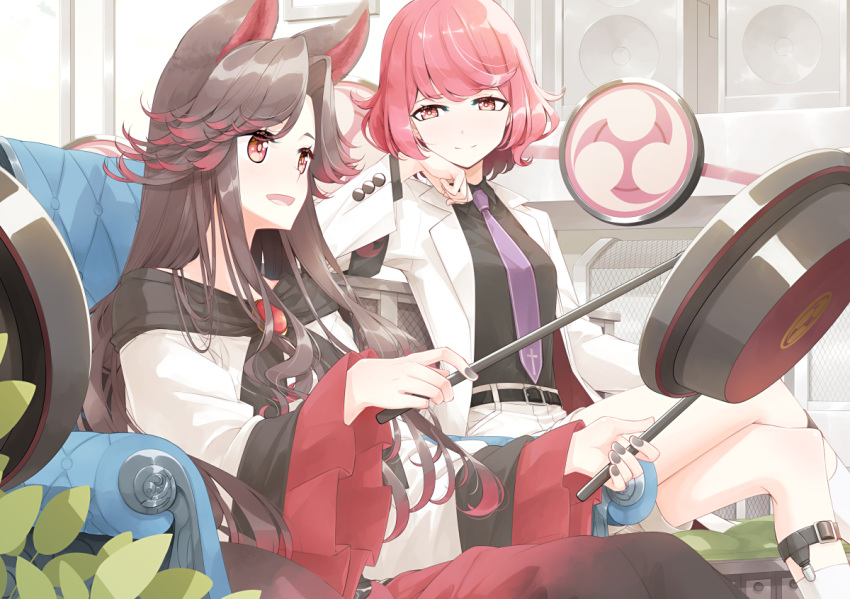 2girls :d animal_ears armchair bangs belt belt_buckle black_belt black_nails black_shirt blush brooch brown_hair buckle chair collared_shirt commission dress drum drumsticks fingernails frilled_sleeves frills gradient_hair gradient_skirt head_rest holding holding_drumsticks horikawa_raiko imaizumi_kagerou indoors instrument jacket jewelry leaf long_hair long_sleeves looking_at_another multicolored_hair multiple_girls music nail_polish necktie on_chair open_clothes open_jacket open_mouth parted_bangs playing_instrument purple_necktie red_eyes redhead sakuraba_yuuki shirt short_hair sitting skeb_commission smile speaker split_mouth taiko_drum touhou very_long_hair white_dress white_jacket wolf_ears