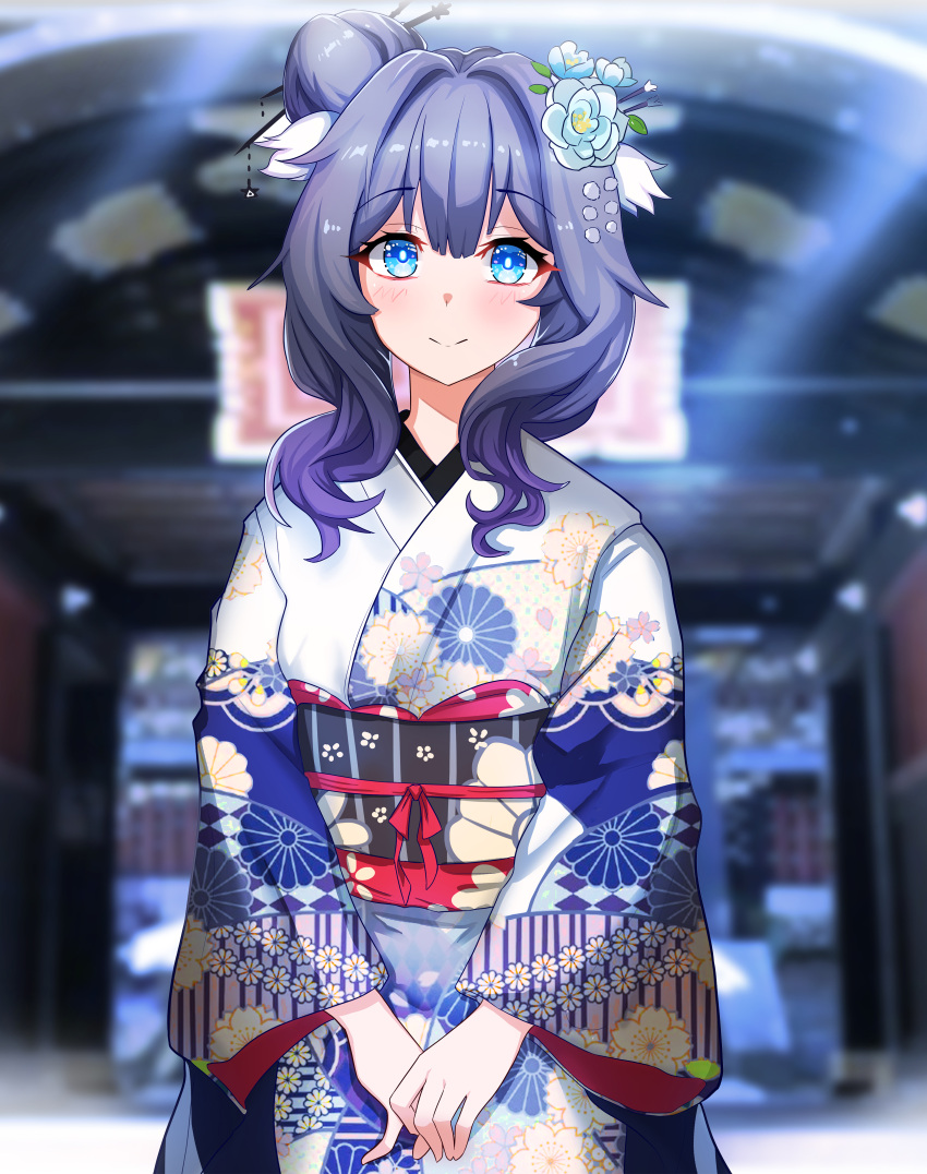 1girl absurdres alternate_costume alternate_hairstyle arknights astesia_(arknights) black_sash blue_eyes blue_flower blue_hair blush bright_pupils ddddecade flower hair_bun hair_flower hair_ornament highres japanese_clothes kimono long_sleeves looking_at_viewer obi outdoors own_hands_together sash single_hair_bun smile solo split_mouth upper_body white_kimono white_pupils wide_sleeves