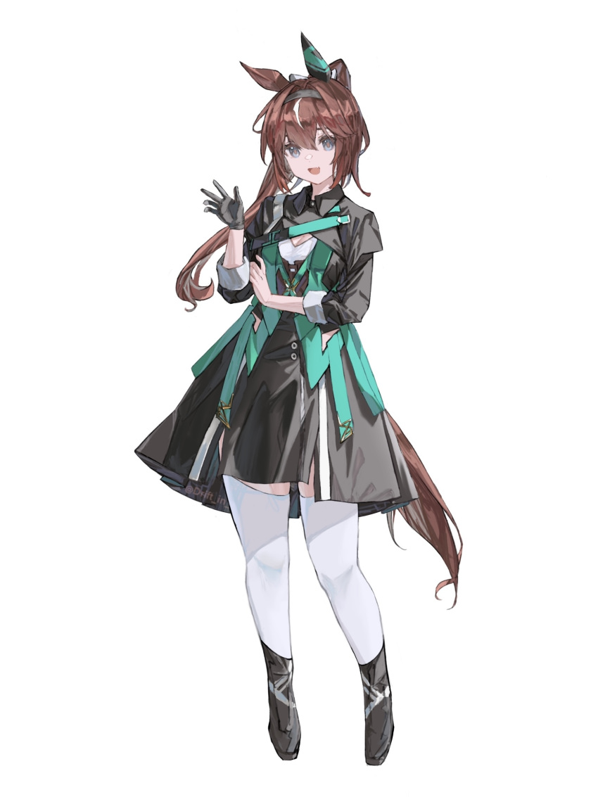 1girl :d animal_ears antenna_hair asama_(drift_in) bangs black_dress black_gloves blue_eyes boots brown_hair brown_pupils buckle buttons dress gloves green_vest grey_footwear grey_hairband hair_between_eyes hairband highres horse_ears horse_girl long_hair long_sleeves looking_at_viewer loves_only_you_(racehorse) multicolored_hair open_mouth original personification ponytail simple_background single_glove sleeves_rolled_up smile solo standing streaked_hair thigh-highs umamusume vest waving white_background white_hair white_thighhighs