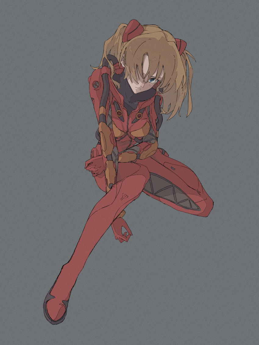 1girl 946083d1 blue_eyes blush bodysuit brown_hair closed_mouth collarbone covered_collarbone grey_background hair_between_eyes hair_over_one_eye highres long_hair looking_at_viewer neon_genesis_evangelion plugsuit red_bodysuit shaded_face simple_background solo souryuu_asuka_langley tube twintails