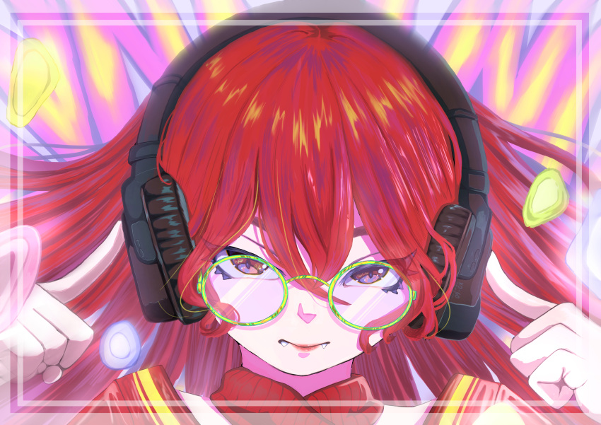 1girl absurdres border chunta-px00 close-up fangs glasses hands_on_headphones headphones highres long_hair portrait red_eyes redhead