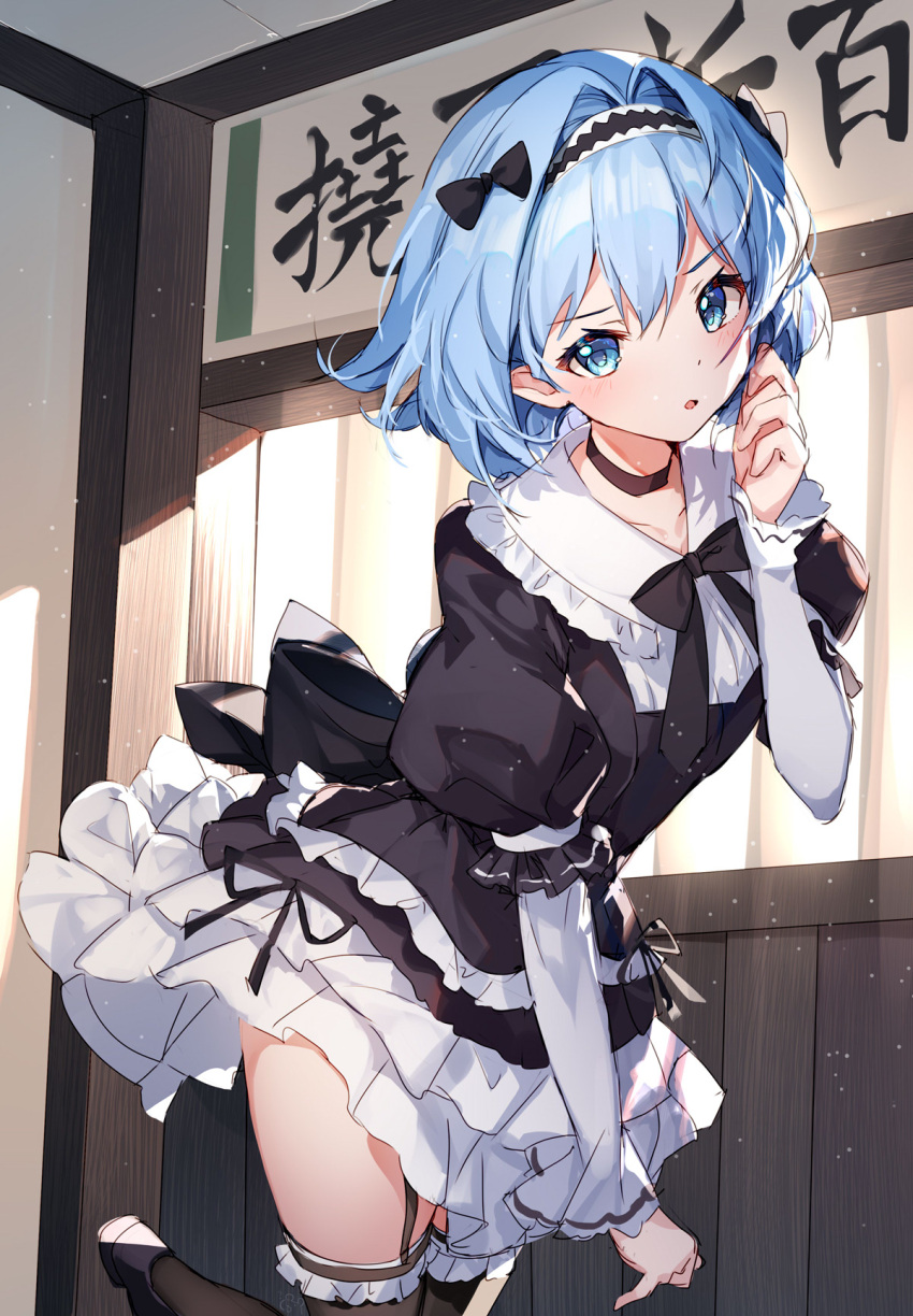 1girl bison_cangshu black_bow black_dress black_hairband bow collared_shirt commentary_request dress frilled_dress frilled_legwear frilled_shirt_collar frills garter_straps hair_bow hairband highres indoors puffy_short_sleeves puffy_sleeves ryuuou_no_oshigoto! shirt shoes short_sleeves solo sora_ginko thigh-highs translation_request white_footwear white_shirt