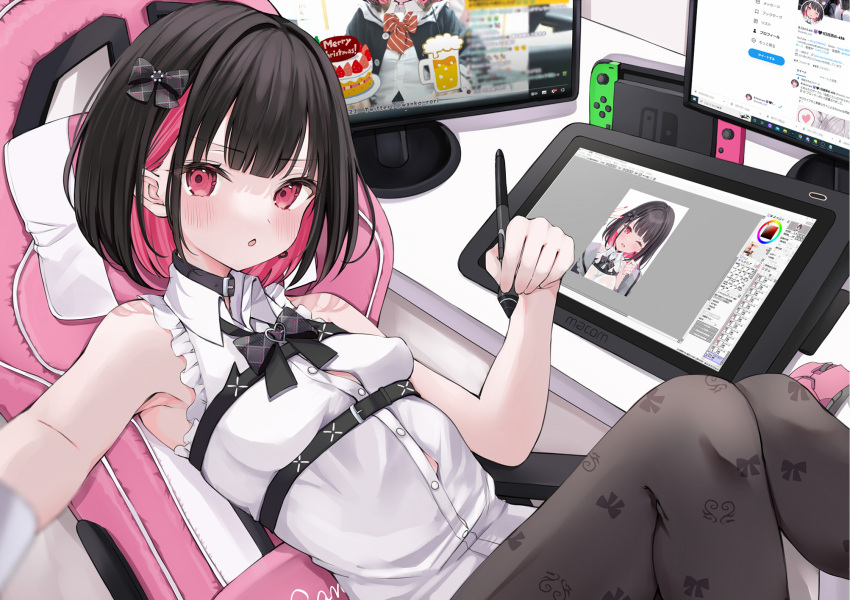 1girl bangs black_choker black_hair black_pantyhose blush bow breasts chair choker colored_inner_hair drawing_tablet frills gaming_chair hair_bow highres holding holding_stylus indie_virtual_youtuber looking_at_viewer medium_hair monitor multicolored_hair nintendo_switch open_mouth pantyhose pink_eyes pink_hair reclining rikotan_(vtuber) roriwanko selfie shirt sleeveless sleeveless_shirt small_breasts solo stylus white_shirt wing_collar