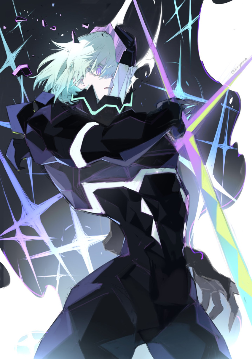 1boy aqua_hair armor black_armor broken_mask diffraction_spikes eyelashes highres holding holding_weapon inuyama_(inuhill) lio_fotia long_eyelashes male_focus mask parted_lips promare solo teeth twitter_username violet_eyes weapon