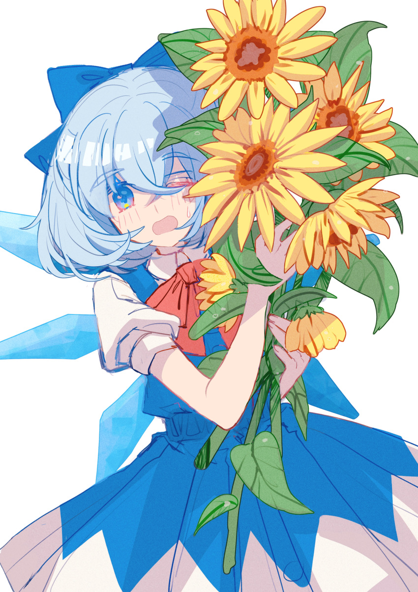 1girl absurdres blue_bow blue_dress blue_eyes blue_hair blush bow cirno dress flower highres holding holding_flower ice ice_wings looking_at_viewer red_ribbon ribbon shirt shocho_(shaojiujiu) short_hair solo sunflower sweat touhou white_background white_shirt wings