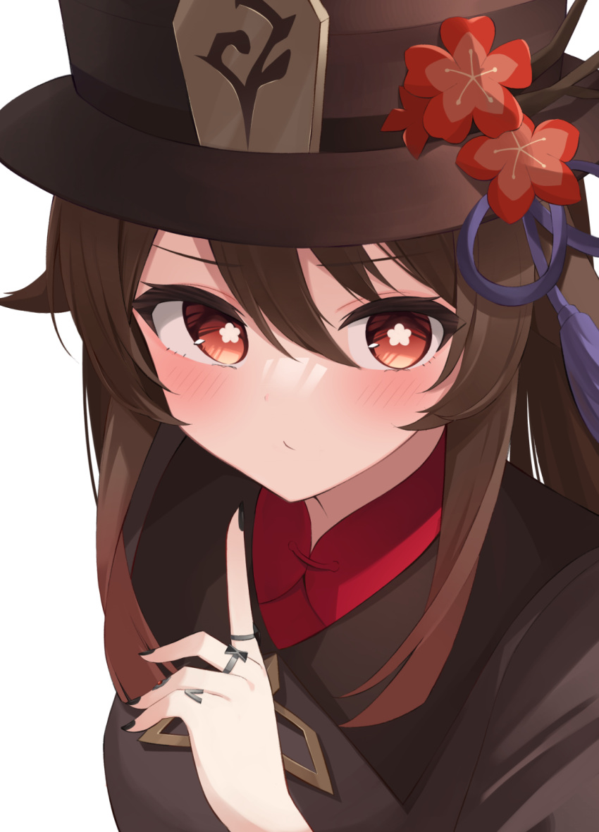 1girl bangs black_headwear black_nails blush brown_hair chinese_clothes closed_mouth collared_shirt colored_tips commentary finger_to_mouth flower flower-shaped_pupils genshin_impact hair_between_eyes hat hat_flower hat_ornament highres hu_tao_(genshin_impact) index_finger_raised jewelry long_hair looking_at_viewer multicolored_hair plum_blossoms ponytail porkpie_hat red_eyes red_shirt ring shirt shushing simple_background solo symbol-shaped_pupils tassel tsubaki_0317 twintails upper_body white_background