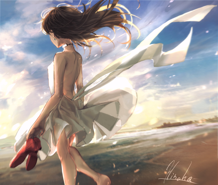 1girl artist_name bare_back beach brown_hair dress earrings facing_away high_heels highres holding holding_shoes jewelry long_hair ocean original red_footwear scenery shoes sky solo sunset tukagamikagera023