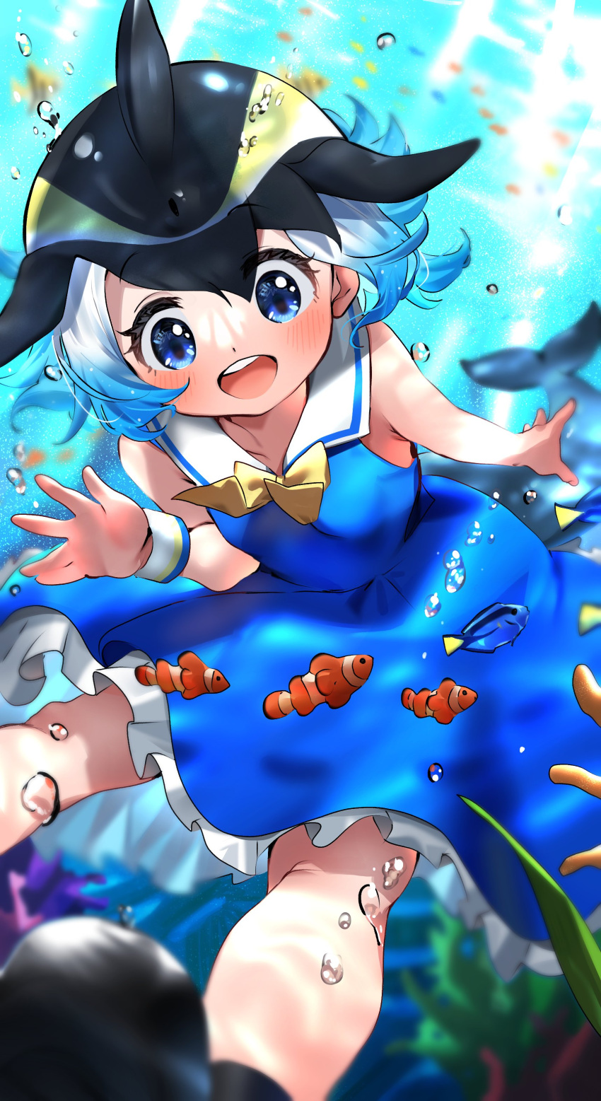 1girl absurdres bare_shoulders black_hair blonde_hair blowhole blue_dress blue_eyes blue_hair blush bow bowtie bubble cetacean_tail clownfish common_dolphin_(kemono_friends) dolphin_girl dorsal_fin dress frilled_dress frills hakoneko_(marisa19899200) highres kemono_friends multicolored_hair open_mouth sailor_dress short_hair sleeveless smile solo swimming underwater white_hair yellow_bow yellow_bowtie