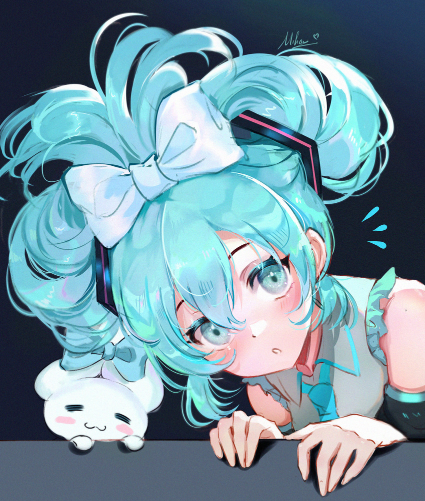 1girl :3 :o alternate_hairstyle aqua_bow aqua_hair aqua_necktie artist_name bare_shoulders black_sleeves blush bow cinnamiku cinnamoroll collared_shirt crossover detached_sleeves ear_bow eyelashes frilled_shirt frills hair_bow hands_up hatsune_miku highres long_hair looking_at_viewer mihan77108047 necktie notice_lines parted_lips rabbit sanrio shirt signature sleeveless sleeveless_shirt solo tied_ears updo upper_body vocaloid white_bow white_shirt wing_collar