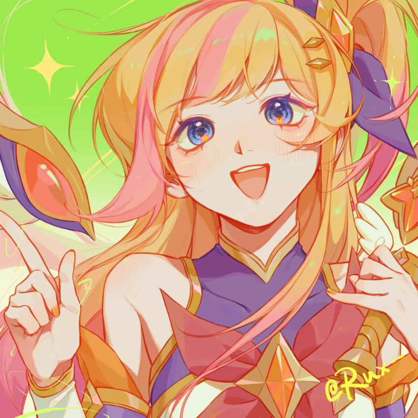 1girl :d absurdres bangs bare blonde_hair blue_eyes blush bow bowtie covered_collarbone detached_sleeves gradient gradient_background green_background hair_ornament highres holding holding_staff index_finger_raised league_of_legends long_hair nail_polish orange_nails pink_bow pink_bowtie pink_hair ruan_chen_yue seraphine_(league_of_legends) side_ponytail smile solo staff star_guardian_(league_of_legends) star_guardian_seraphine teeth upper_teeth