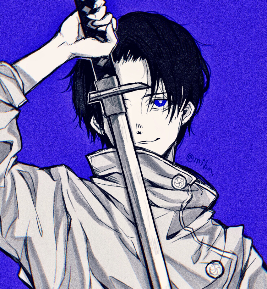 1boy blue_background blue_eyes bright_pupils closed_mouth greyscale greyscale_with_colored_background highres holding holding_sword holding_weapon jujutsu_kaisen katana male_focus miba monochrome okkotsu_yuuta simple_background smile solo sword twitter_username upper_body weapon white_pupils