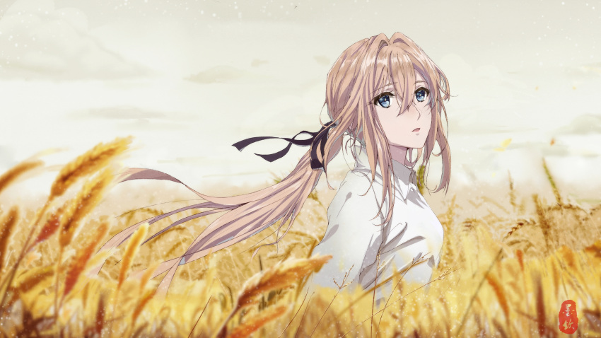 1274711628 1girl absurdres black_ribbon blonde_hair blue_eyes chinese_commentary closed_mouth commentary_request hair_ribbon highres long_hair long_sleeves low_ponytail outdoors ribbon scenery shirt solo violet_evergarden violet_evergarden_(series) watermark white_shirt