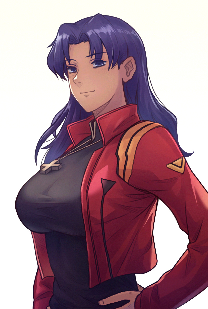 1girl absurdres arm_at_side bangs black_dress breasts collared_dress collared_jacket cropped_jacket cross cross_necklace dress hand_on_hip highres huge_breasts impossible_clothes impossible_dress jacket jewelry katsuragi_misato light_smile long_hair long_sleeves looking_at_viewer necklace neon_genesis_evangelion parted_bangs purple_hair red_jacket shiny shiny_hair simple_background solo taut_clothes taut_dress tff upper_body violet_eyes white_background